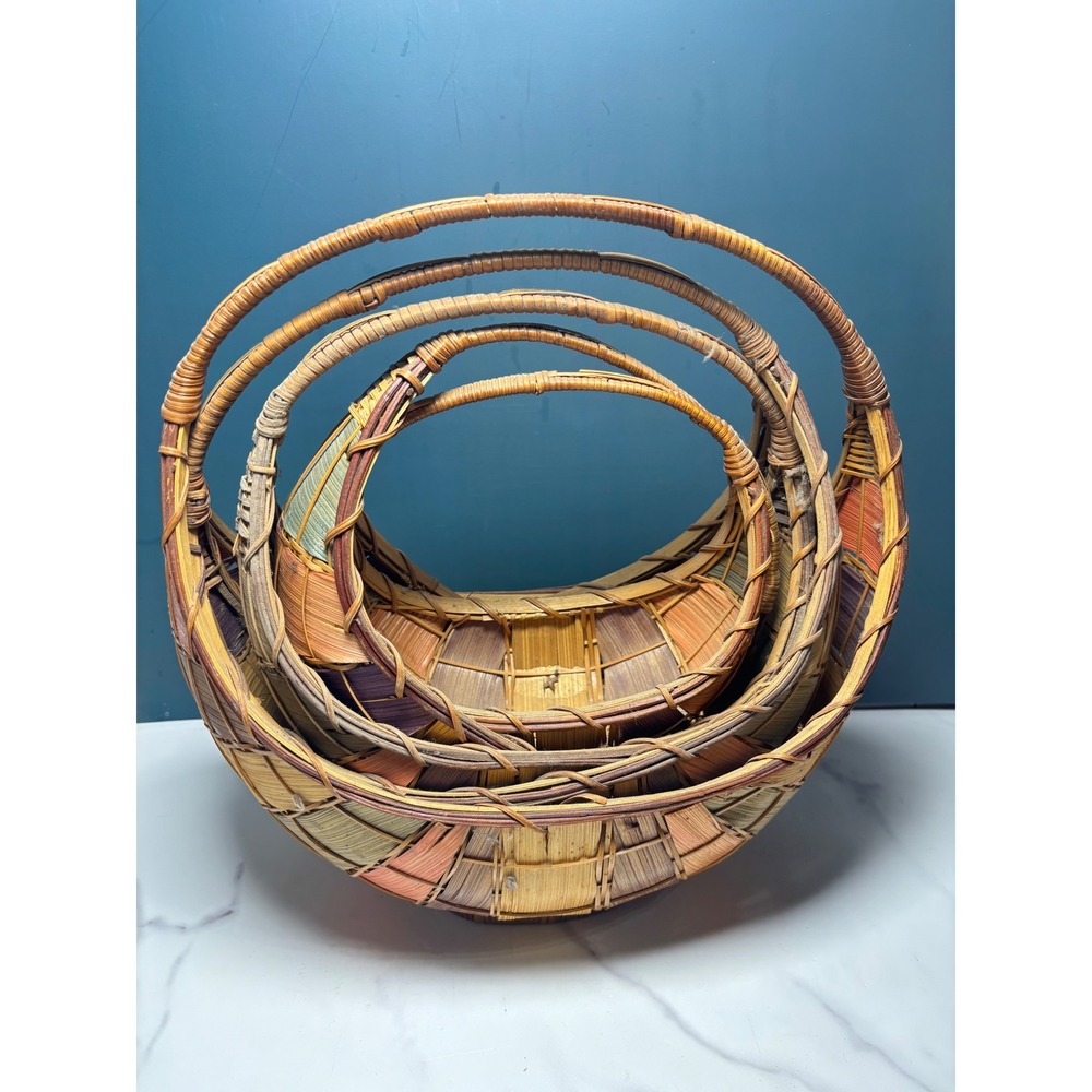 Vintage Nesting Wicker Baskets Set of 5 Multi Color Woven Boho Crescent Boat